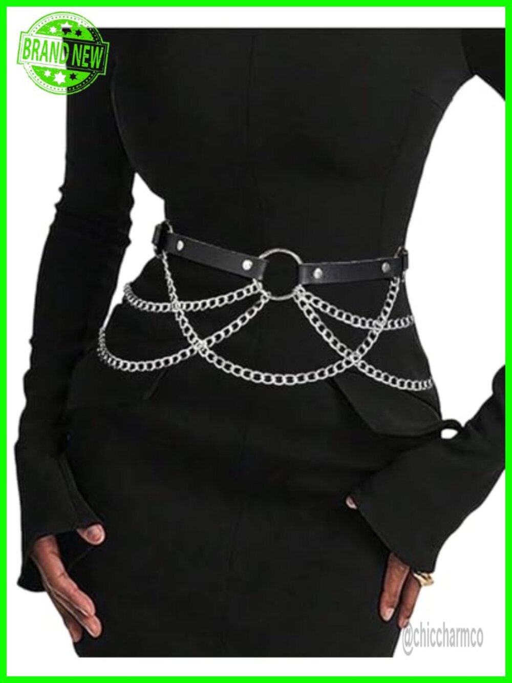 PU Leather Belt with Chains Gothic Punk Grunge Chained Waist Belt